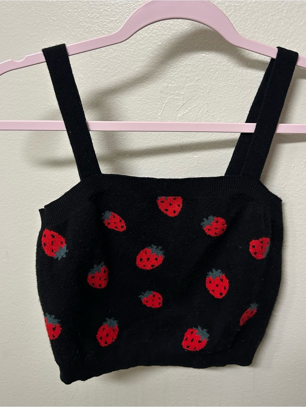 Black w Strawberry All-Over Knit Crop Tank Top Sleeveless